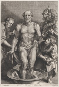 The Death of Seneca, stående i midten med føttene i et basseng med vann, støtte..., ca. 1655-78. av Alexander Voet