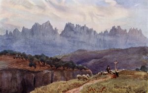 Fjellene i Monserrat fra Manresa, nær Barcelona (farge litho)