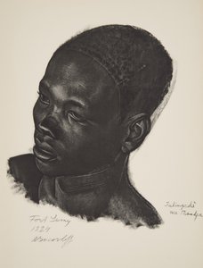 Ialingede, Mandja-rase. (Fort Lamy), fra Drawings and Paintings of Africa, henrettet under Citroen Center Africa-ekspedisjonen, andre Haardt Audouin-Dubreuil-oppdraget, pub. Paris, 1927 (farge opplyst