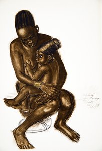 Nafarangui, kone til Eki Bondo med barnet hennes (Bondo) Haut Ouelle, fra Drawings and Paintings of Africa, henrettet under Citroen Center Africa-ekspedisjonen, andre Haardt Audouin-Dubreuil-oppdraget,