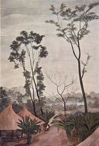 A Village in Loubangui - Chari, fra Drawings and Paintings of Africa, henrettet under Citroen Center Africa-ekspedisjonen, andre Haardt Audouin-Dubreuil-oppdraget, pub. Paris, 1927 (farge litho av Alexander Yakovlev