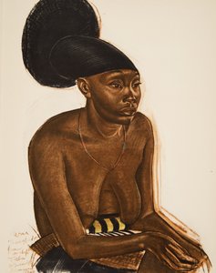 Uru, la Mangbeou (Niangara) Haut Ouelle, fra Drawings and Paintings of Africa, henrettet under Citroen Center Africa-ekspedisjonen, andre Haardt Audouin-Dubreuil-oppdraget, pub. Paris, 1927 (farge av Alexander Yakovlev