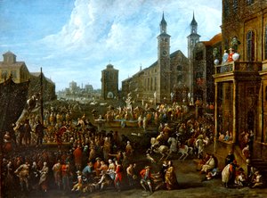 En markedsscene med gateartister og andre figurer (olje på lerret) av Alexander van Bredael