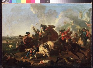 Scene fra slaget ved Poltava (eller Pultawa, Ukraina) (Scene fra slaget ved Poltava). Slaget som fant sted 8. juli 1709 mellom hæren til Peter I av Russland (kjent som Le Grand