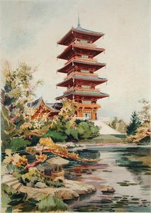Japansk tårn i den kongelige parken i Laeken, Belgia, fra Orientalisme et Architecture Contemporaine, gravert av Jules Adolphe Chauvet (f.1828) (se også 171915, 172965, 172990) av Alexandre Auguste Louis Marcel