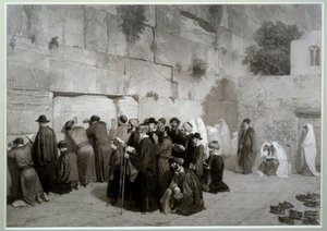Jødedom: "" Salomos mur""" Menn og kvinner av jødisk religion ber foran Klagemuren. Før 1857. Tegning av Alexandre Bida (1823-1895), vask, penn og blyant på papir, Dim. 0,61x0,87 m Malmaison, slottets museum