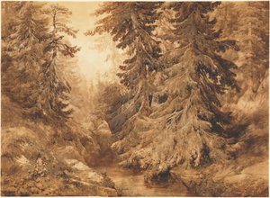En gammel furuskog med en fjellbekk av Alexandre Calame