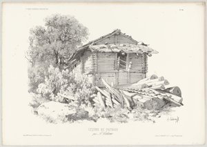 Tømmerhytte med liggende trestammer i forgrunnen av Alexandre Calame