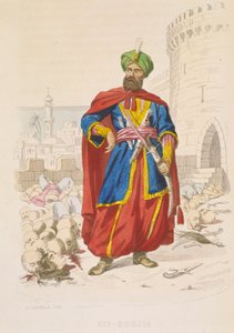 Ali Khoja, hersker av Alger 1816–1818, strålende i en grønn turban og med et fint sverd, er omgitt av de avhuggede hodene til beseirede fiender etter bombardementet i 1816, midten av 1800-tallet (farget gravering)
