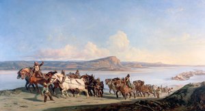 Feste av hester som trekker båter nedover Rhone, c1825-1870 av Alexandre Dubuisson