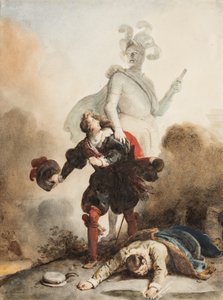 Don Juan et Leporello rencontrent la statue du Commandeur au cimetière (grafitt, penn og brunt blekk med akvarell på papir, forsterket med gummi arabicum) av Alexandre Evariste Fragonard
