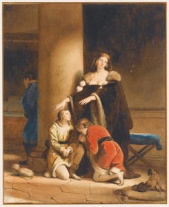 Elisabeth Woodville, dronning av England, tar farvel med sønnene sine, Edward V og Richard, hertugen av York, med en sørgende mann bak en kolonne