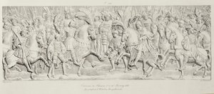 Møte mellom Francois I og Henry VIII på Field of the Cloth of Gold, etter det utskårne steinrelieffet i Hotel de Bourgtheroulde, Rouen, Normandie, 1501-37, gravert av Godefroy Engelmann (1788-183) av Alexandre Evariste Fragonard