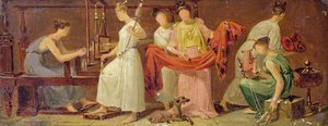 Seks kvinner som vever i et interiør (olje på papir lagt ned på panel) av Alexandre Evariste Fragonard