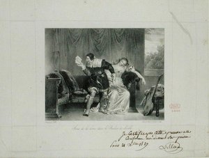 Brevscenen fra operaen Barberen i Sevilla av Rossini gravert av Villain de Sevres av Alexandre Evariste Fragonard