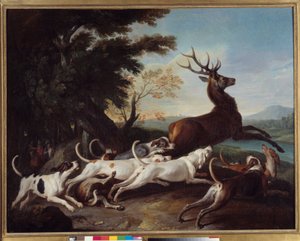 Jakt: “” Debuche du deer”” Maleri av Francois Desportes (1661-1743) 1718 Søn. 1,1x1,45 m Rouen, Museum of Fine Arts av Alexandre Francois Desportes