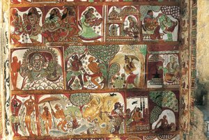 Fresker som skildrer livet til Shiva i helligdommen for Parvati, Nataraya-tempelet, Chidambaram, Tamil Nadu, India, 500-tallet av Nicolas Toussaint Charlet