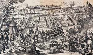 Louis XVs hær krysser Rhinen og angriper forsvarslinjen ved Ettlingen, 1.-4. mai av Nicolas Toussaint Charlet