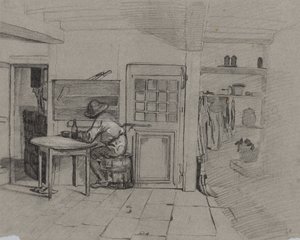 Et gårdshusinteriør med en gutt ved et bord, ca. 1846. av Alexandre Gabriel Decamps
