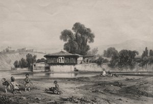 Paviljong ved kanten av en elv. av Alexandre Gabriel Decamps