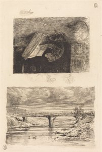 Elvelandskap med en bro; Monkey bladrer gjennom en bok av Alexandre Gabriel Decamps