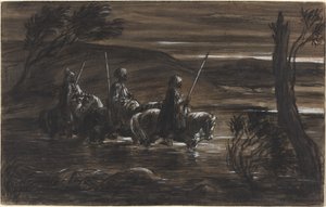 Tre arabiske ryttere krysser en elv av Alexandre Gabriel Decamps