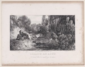 Wolf Hunt: Wounded Animal Attacked by Dogs, fra serien Hunting Scenes, 1829. av Alexandre Gabriel Decamps