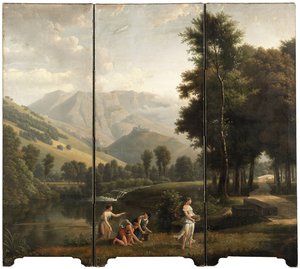 Et arkadisk landskap med jomfruer som samler blomster ved en elvebredd, et slott på bakketoppen bortenfor, 1801