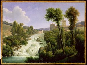 Utsikt fra Ile de Sora over fossene i Chateau, ca. 1822