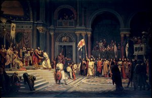 Første korstog: "" Godefroy (Godefroi) av Bouillon (1061-1100), hertugen av Nedre Lorraine, opptrer troskap til den bysantinske keiseren Alexis Comnene, i Konstantinopel