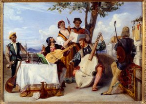 De venetianske konsertmusikerne (cello, lut, fiolin) og sangere på en terrasse serveres av en svart tjener. Maleri av Alexandre Hesse (1806-1879) Nantes fra 1800-tallet, Museum of Fine Arts