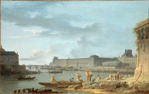 Louvre og Pont Royal, sett fra Pont-Neuf, ca. 1780 (olje på lerret)