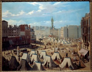 Troppeleir på Boulevard du Temple i junidagene 1848. Utsikt over Paris under revolusjonen i 1848. Maleri av Alexandre Josquin (1800-tallet). Olje på lerret. Mål: 0,64 x 0,81 m. Paris, Musee Carnavalet - Leir av tropper på Boulevarden av Alexandre Josquin