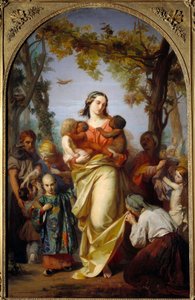 Universell veldedighet. Personifisering av veldedighet som holder de forskjellige menneskene i verden i armene. Maleri av Alexandre Laemlein (1813-1871) av Alexandre Laemlein