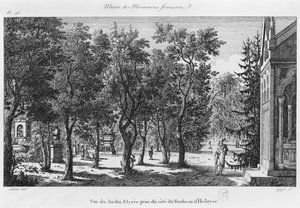 Musee des Monuments Francais, Paris, utsikt over Jardin Elysee fra graven til Heloise og Abelard, gravert av Laurent Guyot (1756-1806)