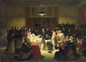 De siste øyeblikkene til Charles-Ferdinand av Frankrike (1778-1820) i administrasjonsrommet i Paris operahus, 14. februar 1820, ca. 1828 av Alexandre Menjaud