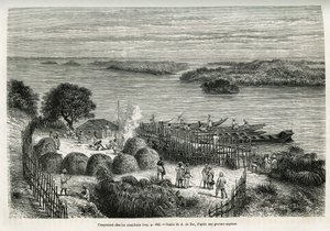 Camp styrker ekspedisjonen for å beskytte seg mot kannibalene Mouana Ntaba, nær elven Leopold (Kongo), tegnet av A.De Bar, for å illustrere historien "Across the Mysterious Continent", en reise foretatt mellom 1874-1877, av Sir H.M. Stanley. Engravin
