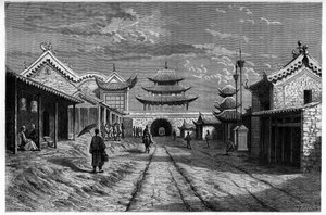 Utsikt fra en gate ved "Youn Tchen Sian", Kina. Gravering etter en tegning av A. de Bar, i "Le Tour du Monde, Nouveau journal des Voyages", redigert av Edouard Charton, Paris