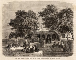 Utsikt over en kafé i La Marsa (Tunis), tegning av A.de Bar, for å illustrere en tur til Tunis, i 1859, av Amable Crapelet. Gravering i "" Le tour du monde"", redigert av Edouard Charton