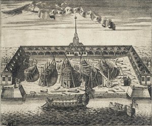 Utsikt over Admiralitetsverftet i St. Peterburg, 1717 av Alexei Ivanovich Rostovtsev