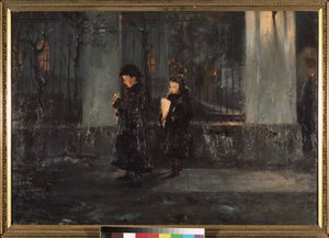 hellig torsdag. To små jenter holder stearinlys om kvelden på vei til kirken for påskefeiring. Maleri av Alexei Nikolaievich Ostrogradsky (1867-1943), olje på lerret av Alexei Nikolayevich Ostrogradsky