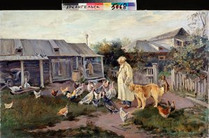 Morgenhilsen - Farmyard Animals Surround a Farmer - Maleri av Alexei Stepanovich Stepanov (1858-1923), olje på lerret, sent 1890, russisk kunst