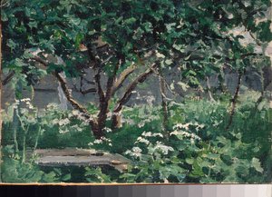 Et hjørne av hagen - Verk av Alexei Stepanovich Stepanov (1858-1923), olje på papp