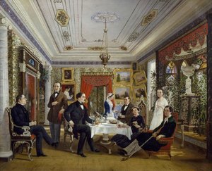 Tarnovskj-familien drikker te ved bordet av Alexei Yakovlevich Voloskov