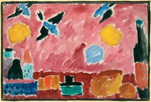 Med rødt svelgemønstret tapet - Maleri av Alexei von Javlensky (1864-1941), olje på papp av Alexej von Jawlensky