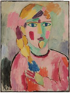 Jente med blå øyne og hestehale; Jente med blå øyne og en grisehale, ca. 1916 av Alexej von Jawlensky