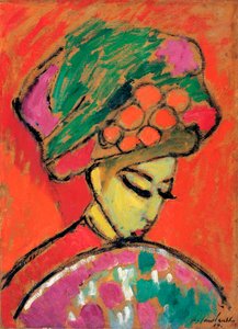 Ung jente med en blomstret hatt - Maleri av Alexei von Javlensky (1864-1941) olje på papp, 67,5x49 cm av Alexej von Jawlensky