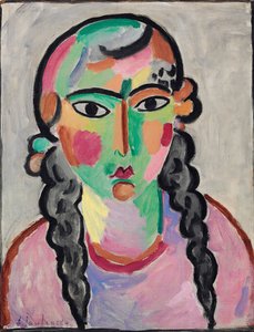 La fille pale aux tresses grises - The Pale Girl with Grey Pigtails, av Alexej von Jawlensky (Javlensky) (1864-1941). Olje på papir, ca. 1916. Mål : 63,5x49,5 cm. Privat samling av Alexej von Jawlensky