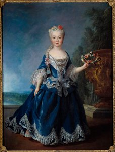 Portrett til fots av Marie Anne Victoire, Infante of Spain (1718-1781) foran vannet til sveitserne i Versailles Maleri av Alexis Simon Belle (1674-1734) 1725 Søn. 0,99x1,04 m