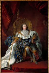 Portrett av Louis XV (1710-1774) barn på sin trone dekket av kostyme og attributter til det hellige maleriet av Alexis Simon Belle (1674-1734) 1723 Søn. 2,26x1,8 m - Portrett av Ludvig XV (1710-1774), som et barn på sin trone med kroningskjole - Pai